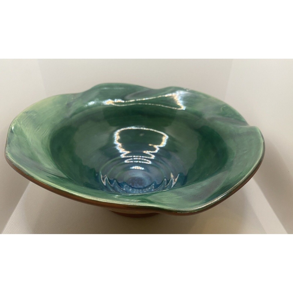 Studio Art Signed Pottery Green & Blue w/ Orange Base-11 inches wide